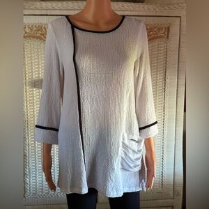 Ali Miles White Puckered Tunic Top Black Piping Large Pocket Size Small